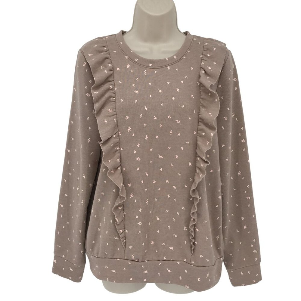 Lauren Conrad Womens Brown Leaf Print Ruffle Long Sleeve Sweatshirt Size M